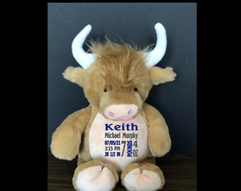 Personalized Highland Cow Stuffed Animal Birth Stat Gift New Baby Gift Big Brother Big Sister Gift Little Brother Little Sister Gift