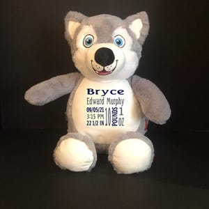 Personalized Stuffed Huskey Dog Husky Birth Stat Gift Plush Dog Toddler Gift Ring Bearer Gift Flower Girl Gift Big Little Brother Sister