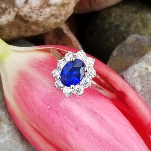 Blue Sapphire Engagement Gold Ring Diamond Halo 14k White Gold Wedding Gift Idea for Her Anniversary September Gemstone Ring image 1