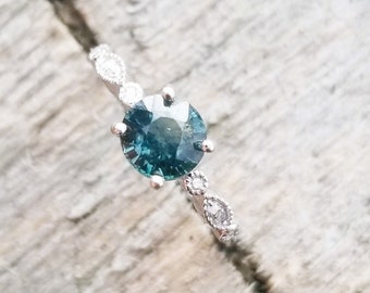 Teal Blue Green Sapphire Art Deco Engagement Ring for Her, Natural Ceylon Round Sapphire White Gold Gemstone Dainty Ring, Free Shipping