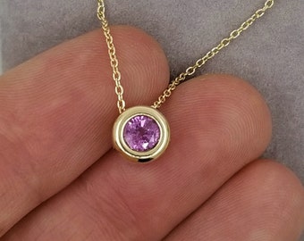 Pink Sapphire Gold Dainty Necklace. September Birthstone.
