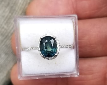 Blue Green Sapphire Oval Diamond Halo Engagement Ring