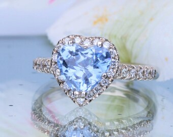 Engagement Ring Heart Shape Blue Sapphire Diamond Halo With Fleur