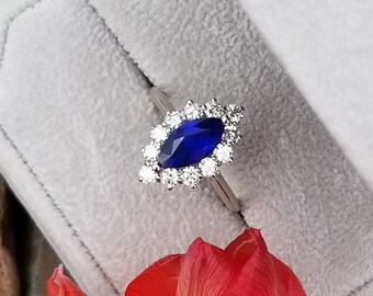 Marquise Fine Blue Sapphire Diamond Cluster Hand Made Ring Gif for Her Birthday September Birthstone