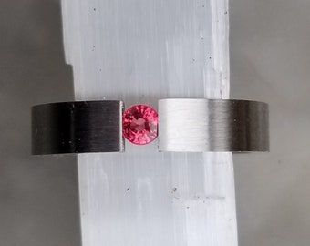 ON HOLD Ruby Tension Setting Ring, Unique Stainless Steel ring, Finger SiZe 8 US Ring, Special Gift for a Friend, Free Shipping