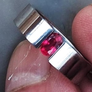 Natural Oval Ruby Tension Set Stainless Steel Ring, Size 7 US