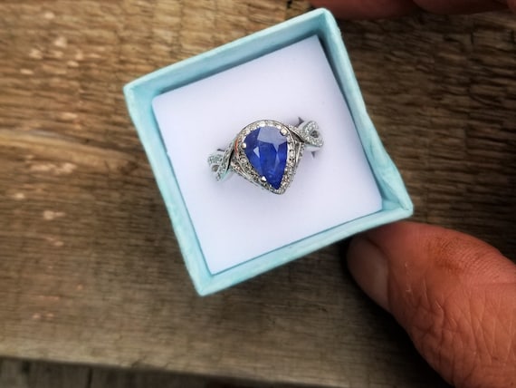 Ceylon  Blue Sapphire 11x7 MM Pear Shape Engagement Sterling Silver Ring