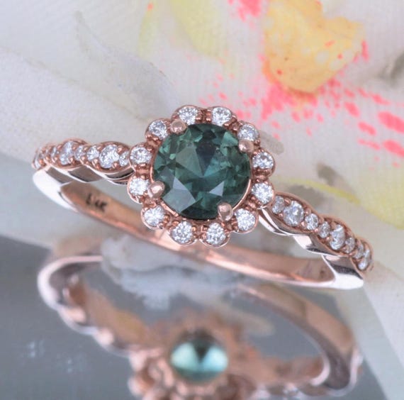 Blue Green Sapphire Rose Gold Engagement Ring