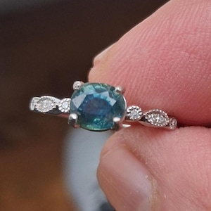 Montana Teal Sapphire Engagement Ring for Her, Oval Sapphire 10K White Gold Gemstone Dainty Ring, Free Shipping