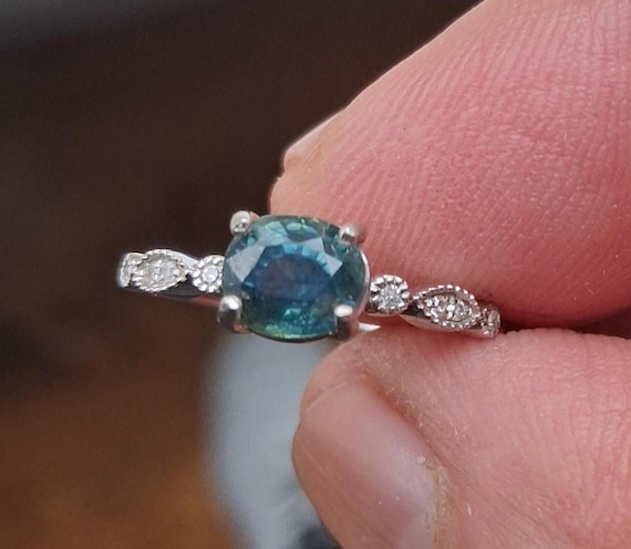 Oval Teal Sapphire Engagement Ring for Her Anniversary Ring, Montana Sapphire White Gold Dainty Ring, Free Shipping