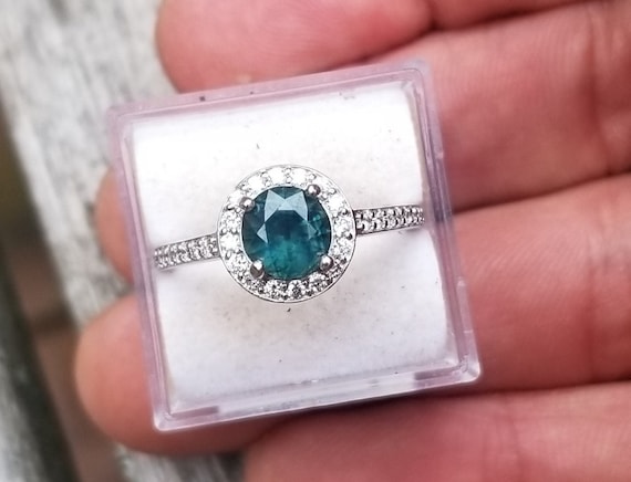 Ceylon Teal Sapphire Engagement Ring for Her Anniversary Gift, Diamond Halo Blue Green Sapphire 14k White Gold Ring, Free Shipping