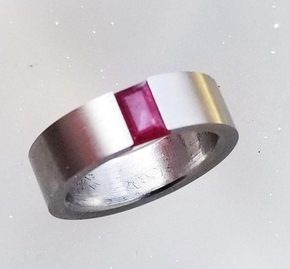 Ruby Tension Setting Ring, Stainless Steel Ring Finger SiZe 5 1/2 US