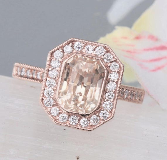 Peach Sapphire Engagement Ring Diamond Halo