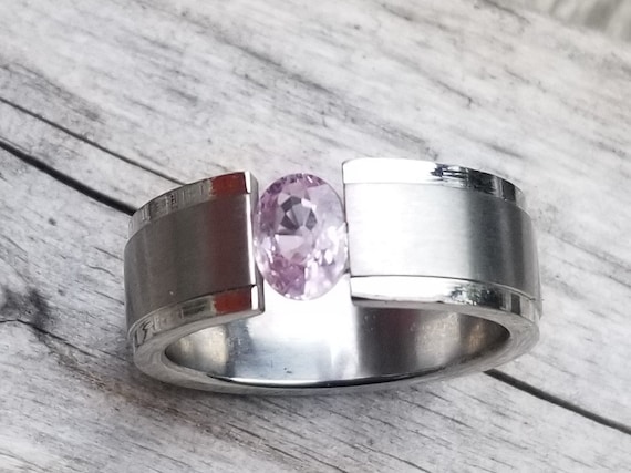 Ceylon Pink Sapphire Tension Setting Ring, Unique Stainless Steel Ring for Men, Finger SiZe 7 1/2 US Ring, Gift for a Friend, Free Shipping