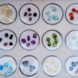 May include: A collection of gemstones displayed in small round containers. The gemstones are arranged by color, with each container holding a different variety of stones. The colors include red, orange, yellow, green, blue, purple, and white.