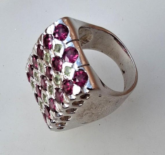 Bold Contemporary Sterling Silver Ring Design, Garnet January Birthstone, Size 6 1/2