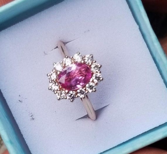 Pink Sapphire Engagement Ring Diamond Halo 14K Rose Gold Ring