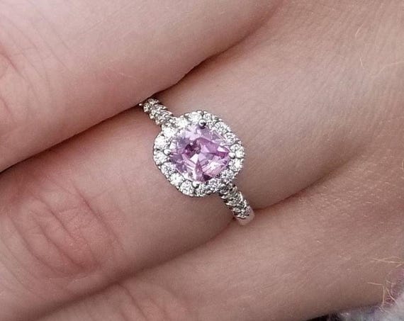 5.6mm Cushion Pink Sapphire Diamond Halo Engagement Ring