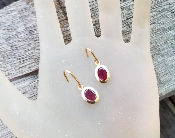 14K Yellow Gold Oval Deep Red Ruby Bezel Set Earrings Gift for Her, July Birthstone Earrings Jewelry for Anniversary Gift, Free Shipping