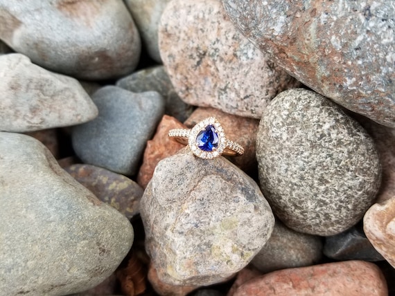 Engagement Ring Gift for her Anniversary Jewelry Teardrop Blue Sapphire Rose Gold Diamond Ring