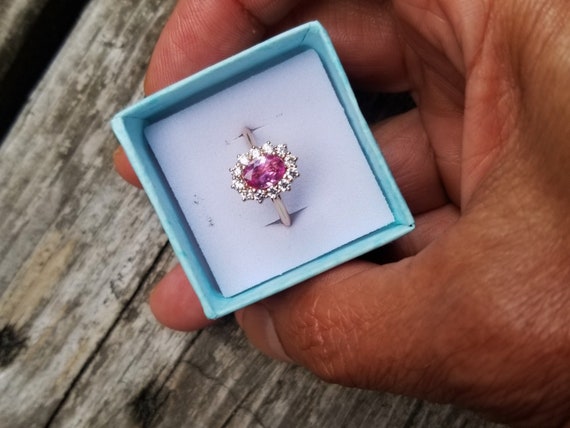 Pink Sapphire Engagement Ring Diamond Halo14K Rose Sapphire Gold Ring for Her Anniversary Hand Made Jewelry