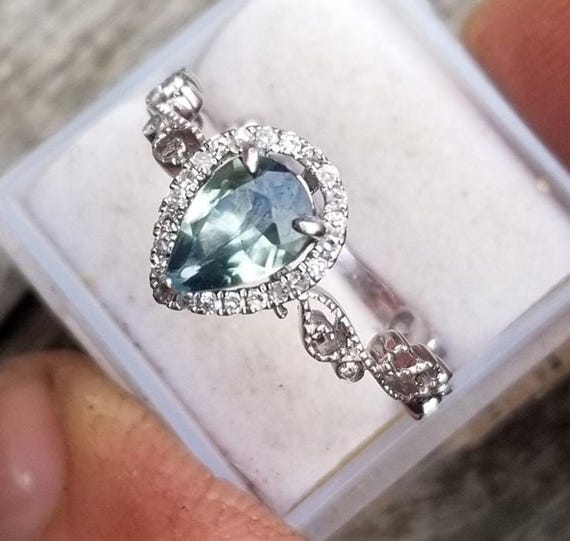 Teal Sapphire Tear Drop Engagement Ring, Natural Teal Mint Sapphire White Gold Ring