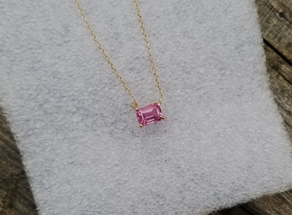 Hot Pink Sapphire Necklace for Anniversary Wedding Gift, Emerald Cut Hot Ceylon Pink Sapphire September Birthstone for Jewelry Gift