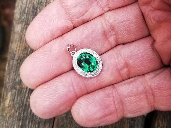 Green Tourmaline Double Diamond Halo White Gold Pendant for Wedding Anniversary, October Birthstone Jewelry Gift, Free Shipping to USA