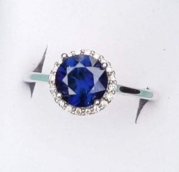 Diamond Halo 14k White Gold Blue Sapphire Engagement Ring