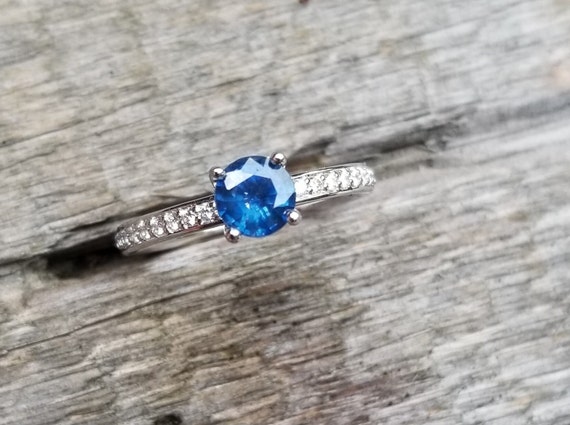 14k White Gold Round Blue Sapphire Engagement for Wedding, Ceylon Royal Blue Sapphire September Gemstone, Free Shipping to USA