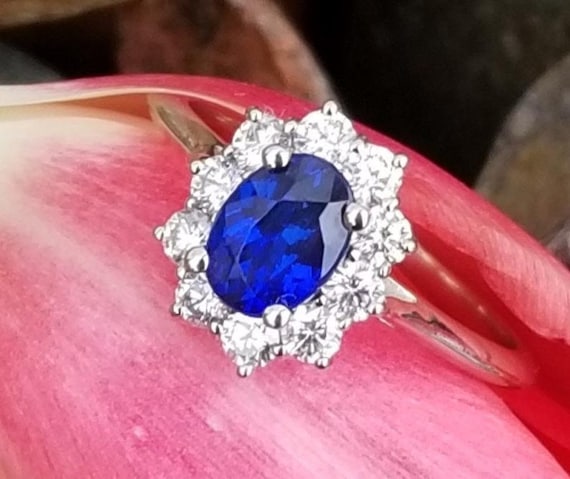 Kate Middleton Sapphire Diamond Engagement Cluster Ring in 14k White Gold