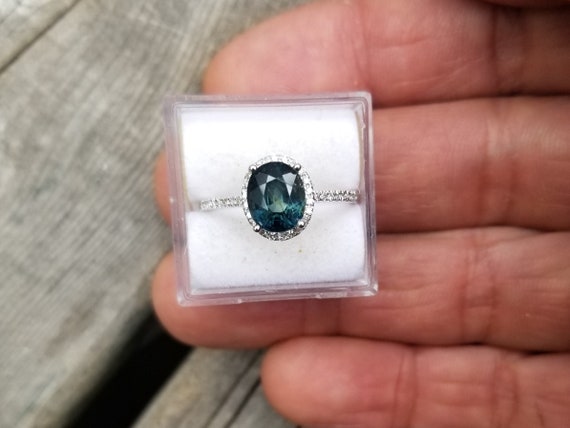 Blue Green Sapphire 14K White Gold Ring