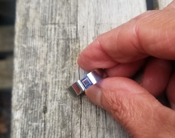 Blue Sapphire Tension Setting Ring, Stainless Steel, Finger Size 7 US Ring, September Birthstone Ring, Free Shipping