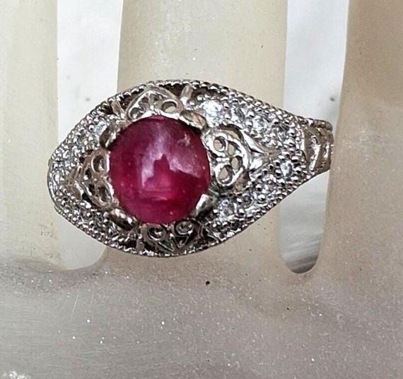 July Birthstone Natural Oval Ruby Cabochon Sterling Silver Filigree Ring