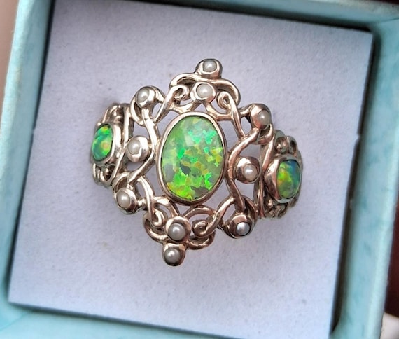 Multicolor Opal Sterling Silver Design Ring , 7.5x6.5 MM October Gemstone