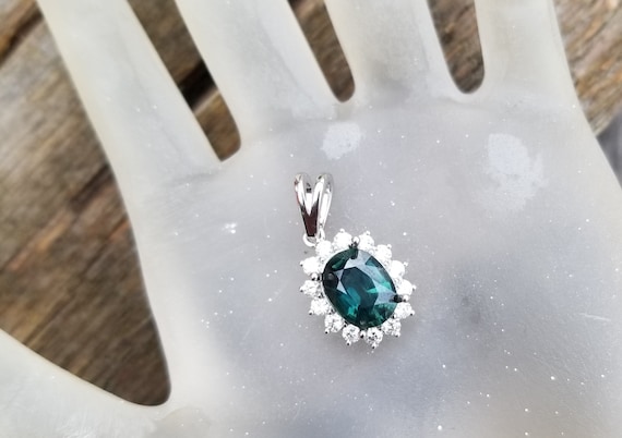 Blue Green Sapphire Diamond Halo Pendant for Anniversary Wedding, Natural September Birthstone Jewelry , Free Shipping to North America