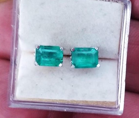White Gold Emerald Cut 6x4 Stud Earrings, May Birthstone for Anniversary Gift