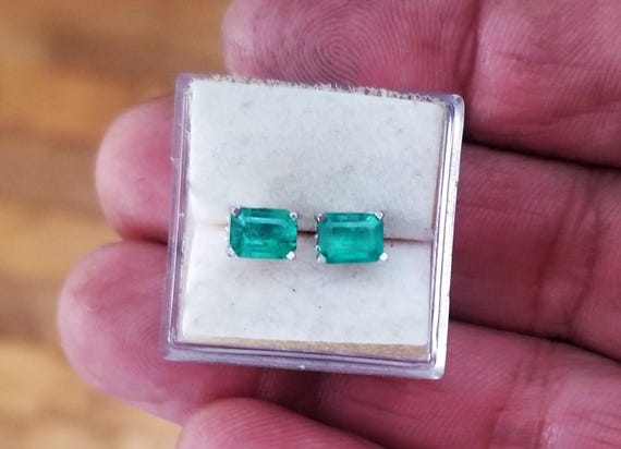 White Gold Emerald Cut 6x4 Stud Earrings, May Birthstone for Anniversary Wedding, Emerald Cut Shape Earrings, Free Shipping to North America