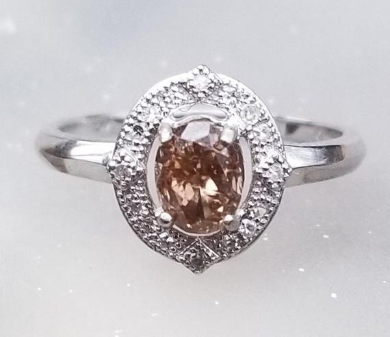 Oval Champagne Diamond Anniversary Ring, White Gold Diamond Halo Engagement Ring, April Birthstone