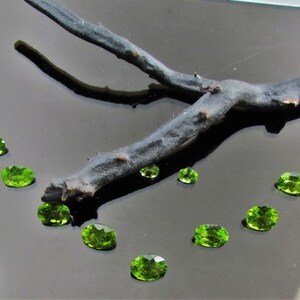 May include: A row of oval-shaped green gemstones arranged on a black surface with a dark branch in the center.