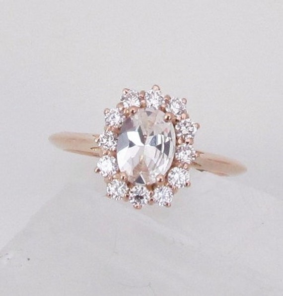 Engagement Ring White Sapphire 14k Rose Gold Diamond Halo Ring Wedding Anniversary September Gemstone for Special Date