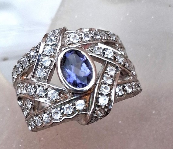 Iolite 7x5 MM Oval and White Topaz Accent Stones Sterling Silver Ring