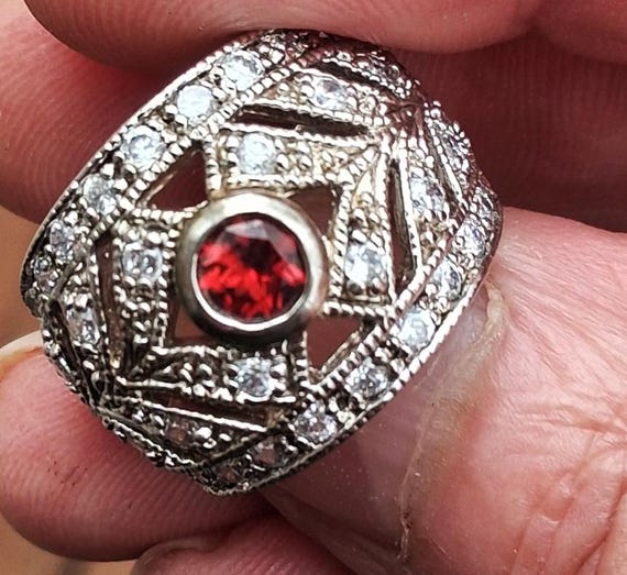 Red Garnet and White Topaz Accent Stones Sterling Silver Ring