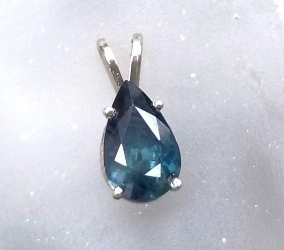 Tear Drop Shape Peacock Sapphire 14k White Gold Pendant for Her, September Birthstone