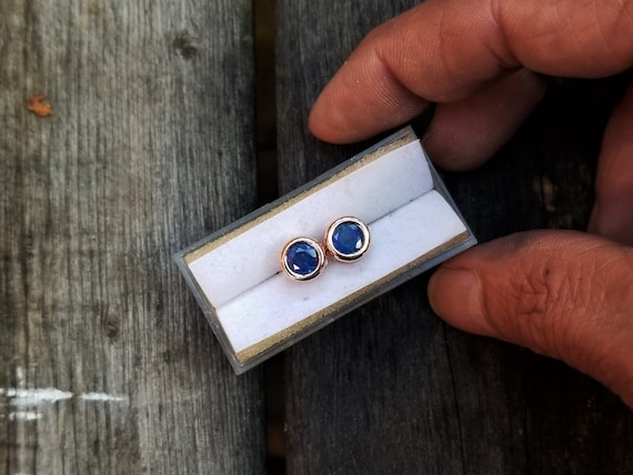 Bezel Set 14k Rose Gold 6MM Round Blue Sapphire Earrings