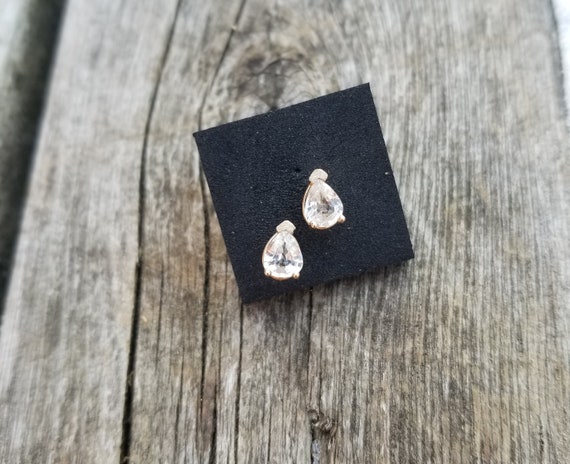 Ceylon White Sapphire 14k Yellow Gold Stud Earrings, September Birthstone for Anniversary Gift, Pear Shape White Sapphire Jewelry