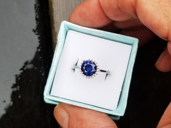Diamond Halo 14k White Blue Sapphire Engagement Ring Best Gift for Her Wedding Anniversary Commemoratio