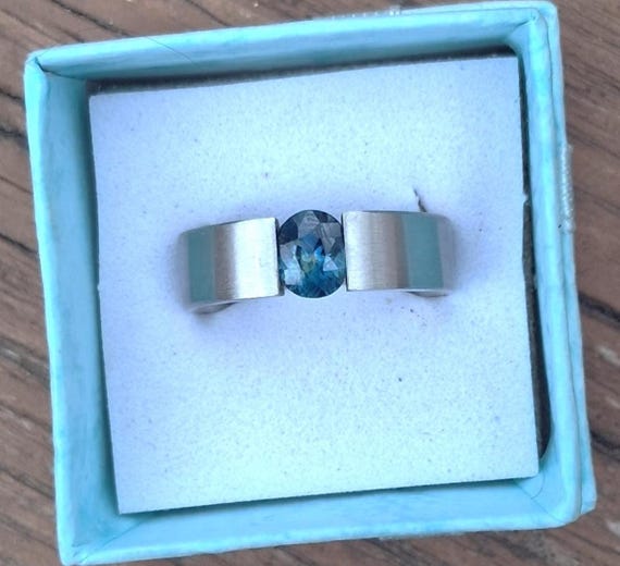 Montana Oval Blue Sapphire Tension Ring, Stainless Steel, Size 5 3/4