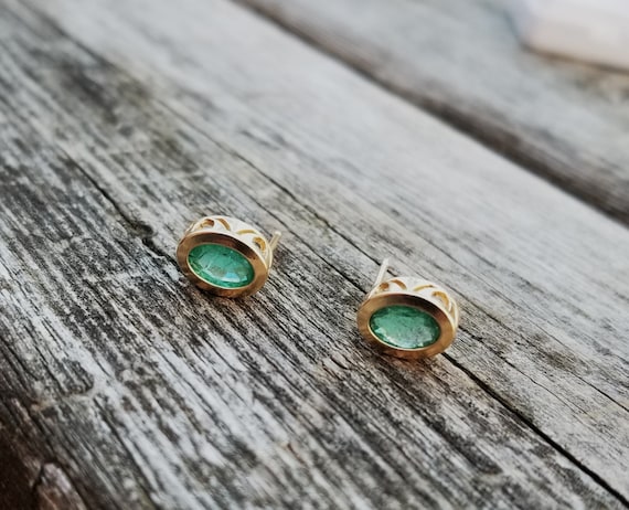Yellow Gold Stud Oval Emerald Bezel Set Earrings for Her, May Birthstone for Anniversary Gift, Free Shipping to North America