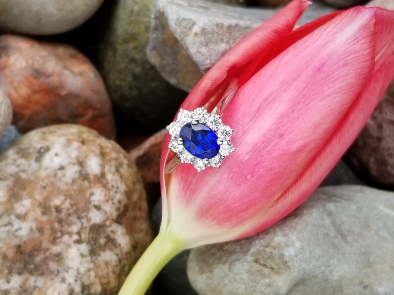 Blue Sapphire Engagement Gold Ring Diamond Halo 14k White Gold Wedding Gift Idea for Her Anniversary September Gemstone Ring image 2